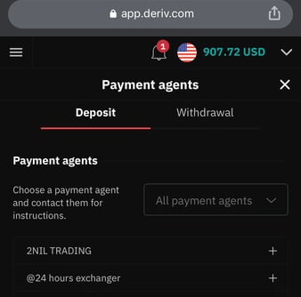 Deposit via payment agents on Deriv