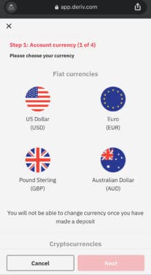 select currency in Deriv real account registration