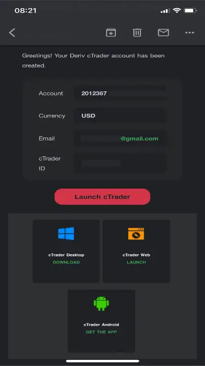 Deriv cTrader 계정 이메일 확인을 여는 방법